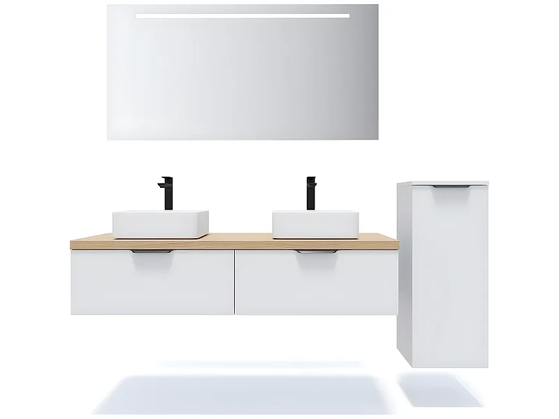 Meuble de salle de bain suspendu 2 vasques à poser 140cm 2 tiroirs Blanc + miroir + colonne ouverture droite - Soho