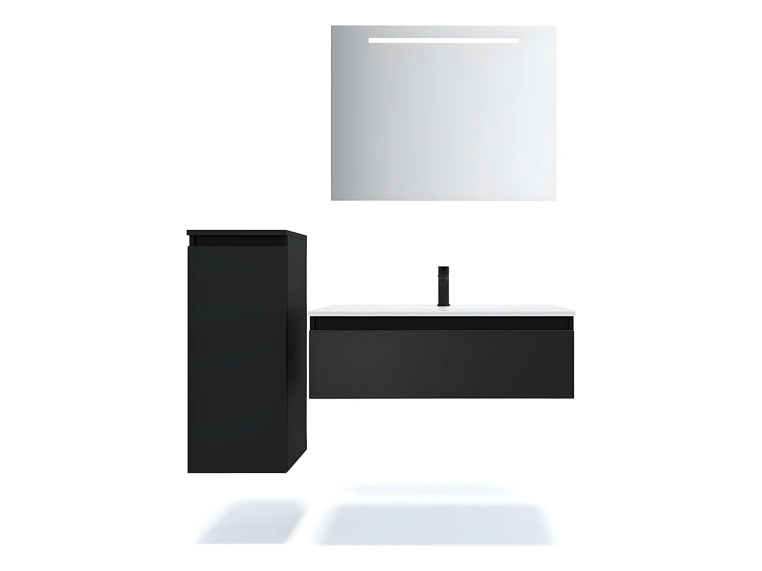 Meuble de salle de bain suspendu vasque intégrée 90cm 1 tiroir Noir + miroir + colonne ouverture gauche - Hudson