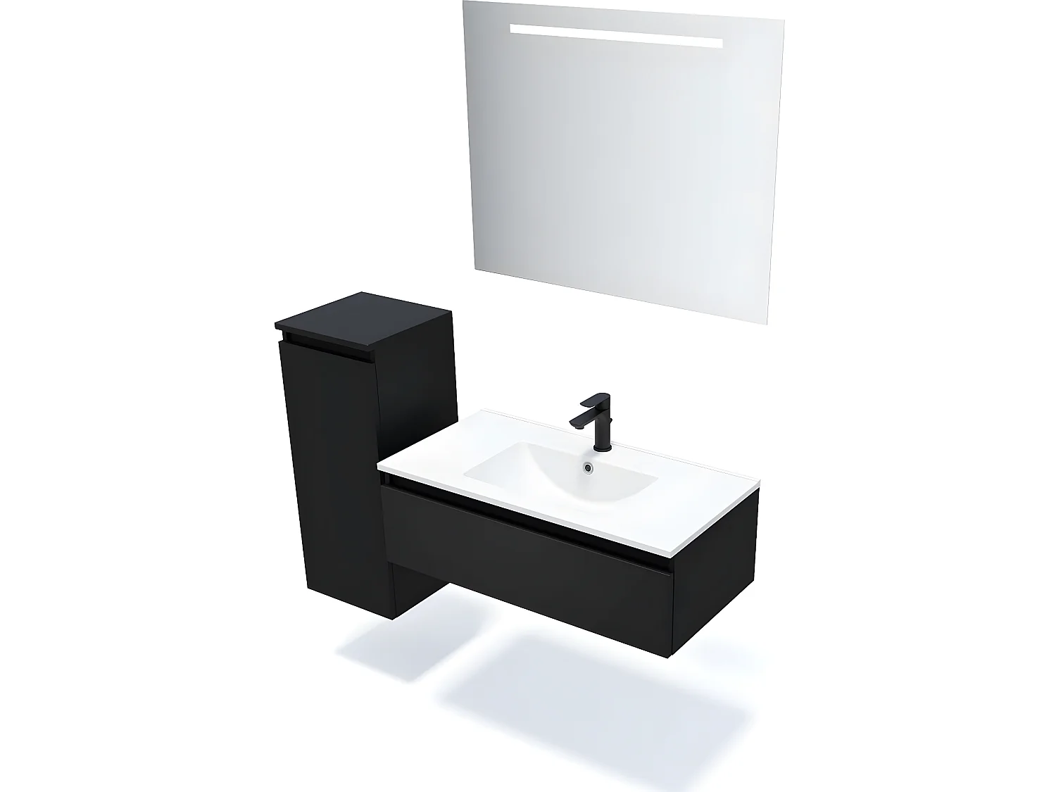 Meuble de salle de bain suspendu vasque intégrée 90cm 1 tiroir Noir + miroir + colonne ouverture gauche - Hudson