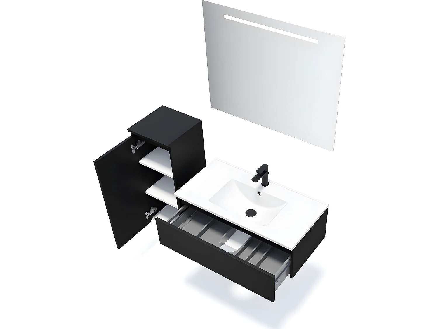 Meuble de salle de bain suspendu vasque intégrée 90cm 1 tiroir Noir + miroir + colonne ouverture gauche - Hudson