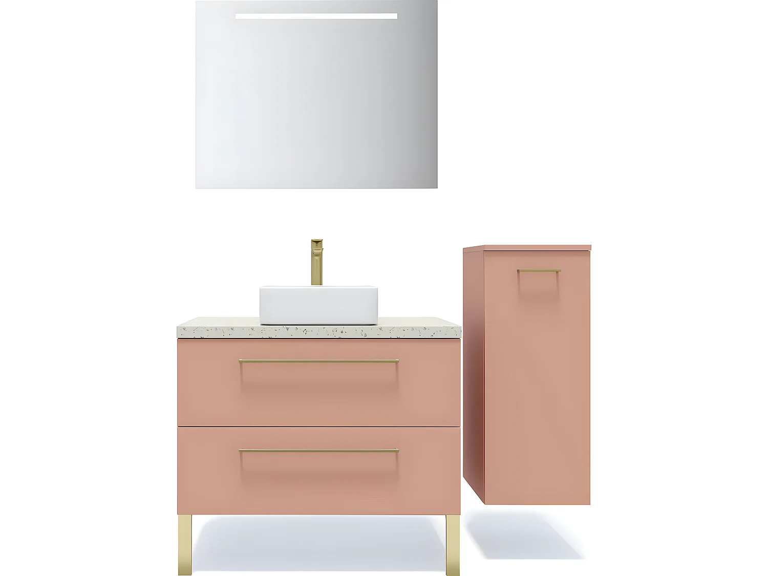 Meuble de salle de bain suspendu vasque à poser 90cm 2 tiroirs Abricot + miroir + colonne ouverture droite - Glasgow