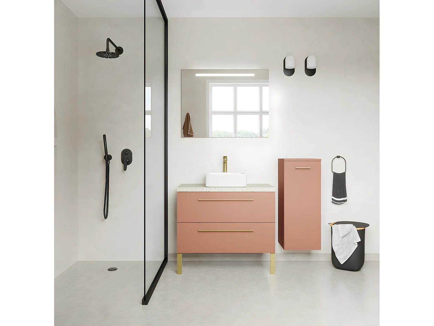 Meuble de salle de bain suspendu vasque à poser 90cm 2 tiroirs Abricot + miroir + colonne ouverture droite - Glasgow