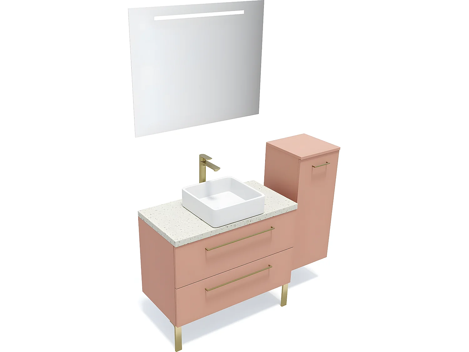 Meuble de salle de bain suspendu vasque à poser 90cm 2 tiroirs Abricot + miroir + colonne ouverture droite - Glasgow