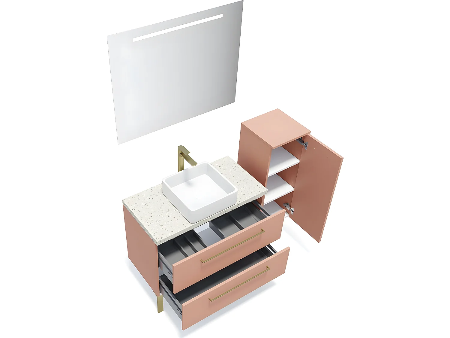 Meuble de salle de bain suspendu vasque à poser 90cm 2 tiroirs Abricot + miroir + colonne ouverture droite - Glasgow