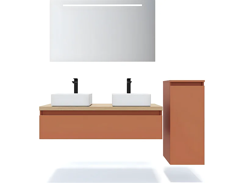 Meuble de salle de bain suspendu 2 vasques à poser 120cm 1 tiroir Terracotta + miroir + colonne ouverture droite - Hudson