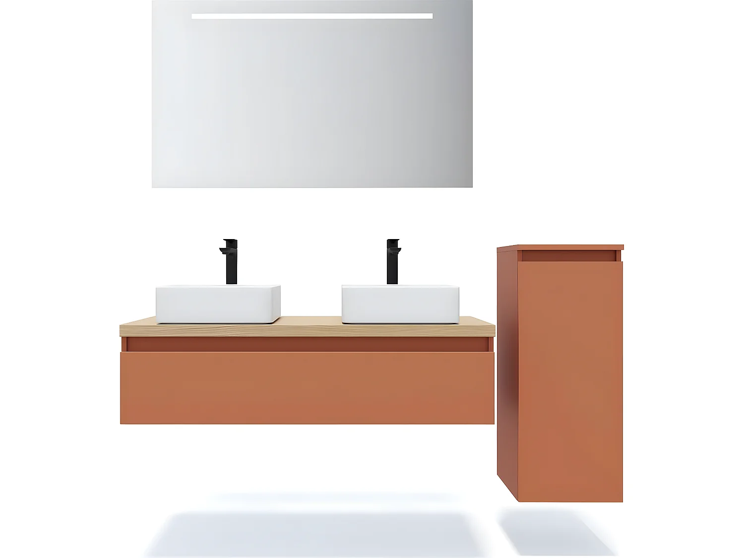Meuble de salle de bain suspendu 2 vasques à poser 120cm 1 tiroir Terracotta + miroir + colonne ouverture droite - Hudson