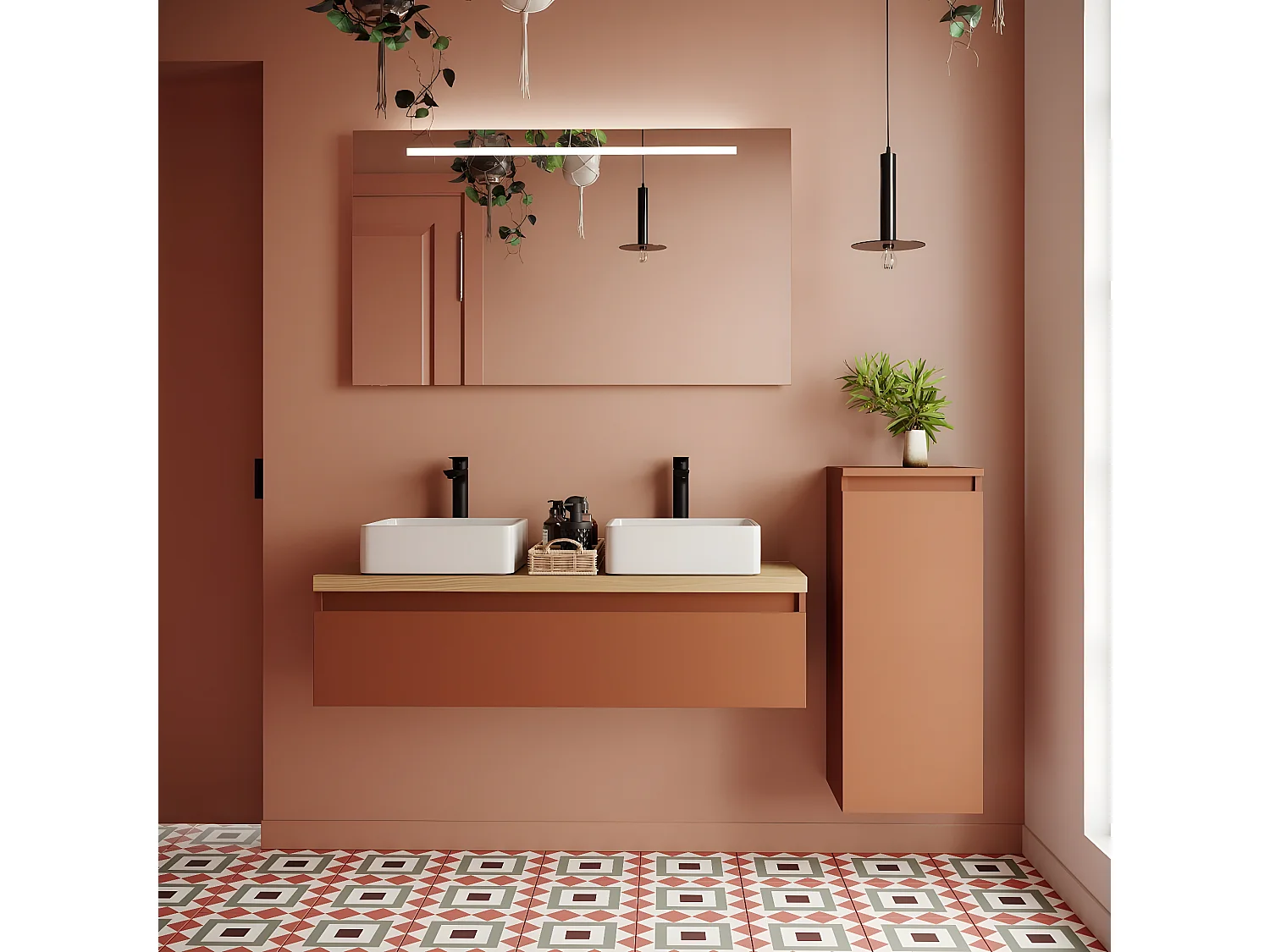 Meuble de salle de bain suspendu 2 vasques à poser 120cm 1 tiroir Terracotta + miroir + colonne ouverture droite - Hudson