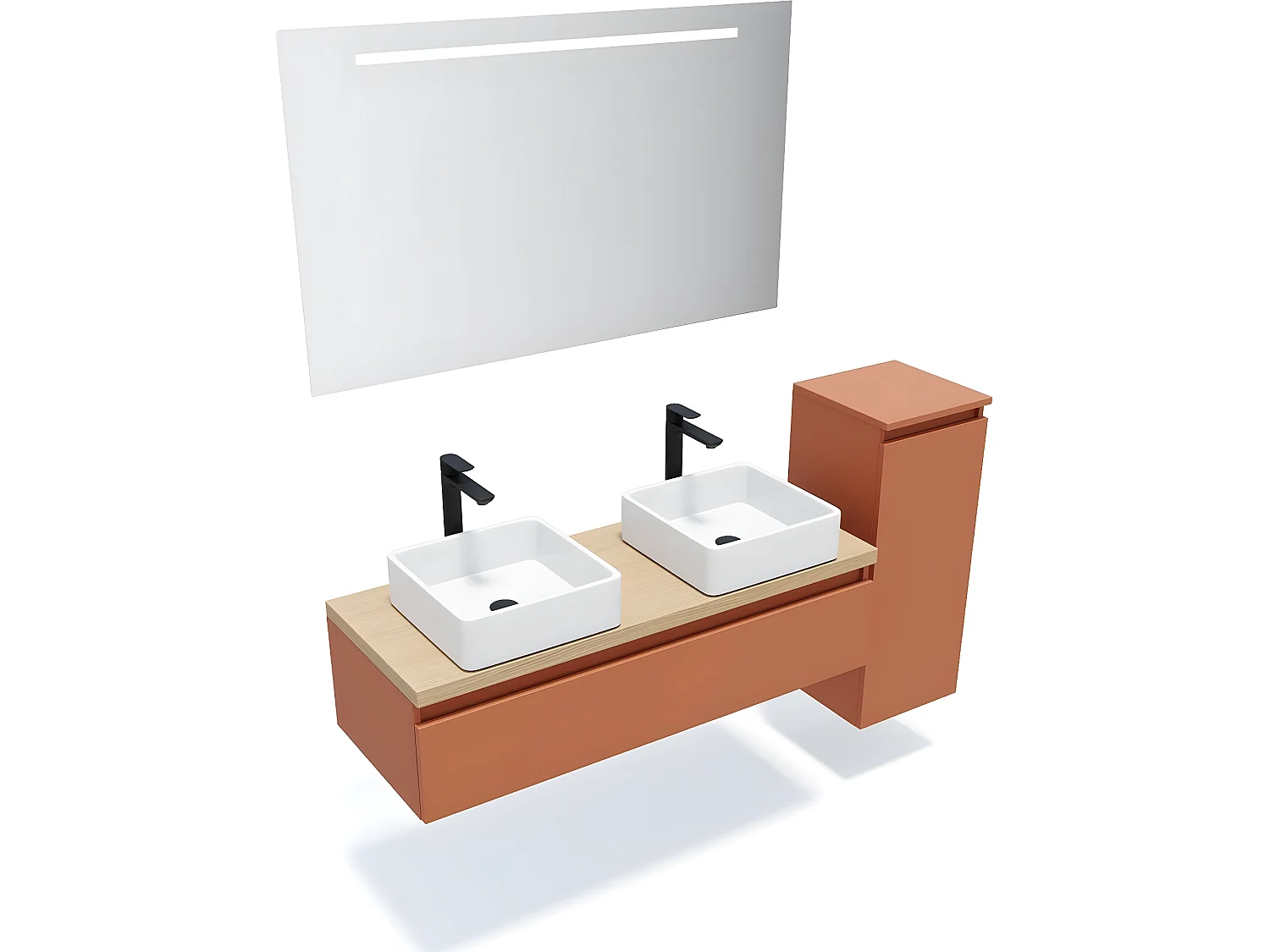 Meuble de salle de bain suspendu 2 vasques à poser 120cm 1 tiroir Terracotta + miroir + colonne ouverture droite - Hudson