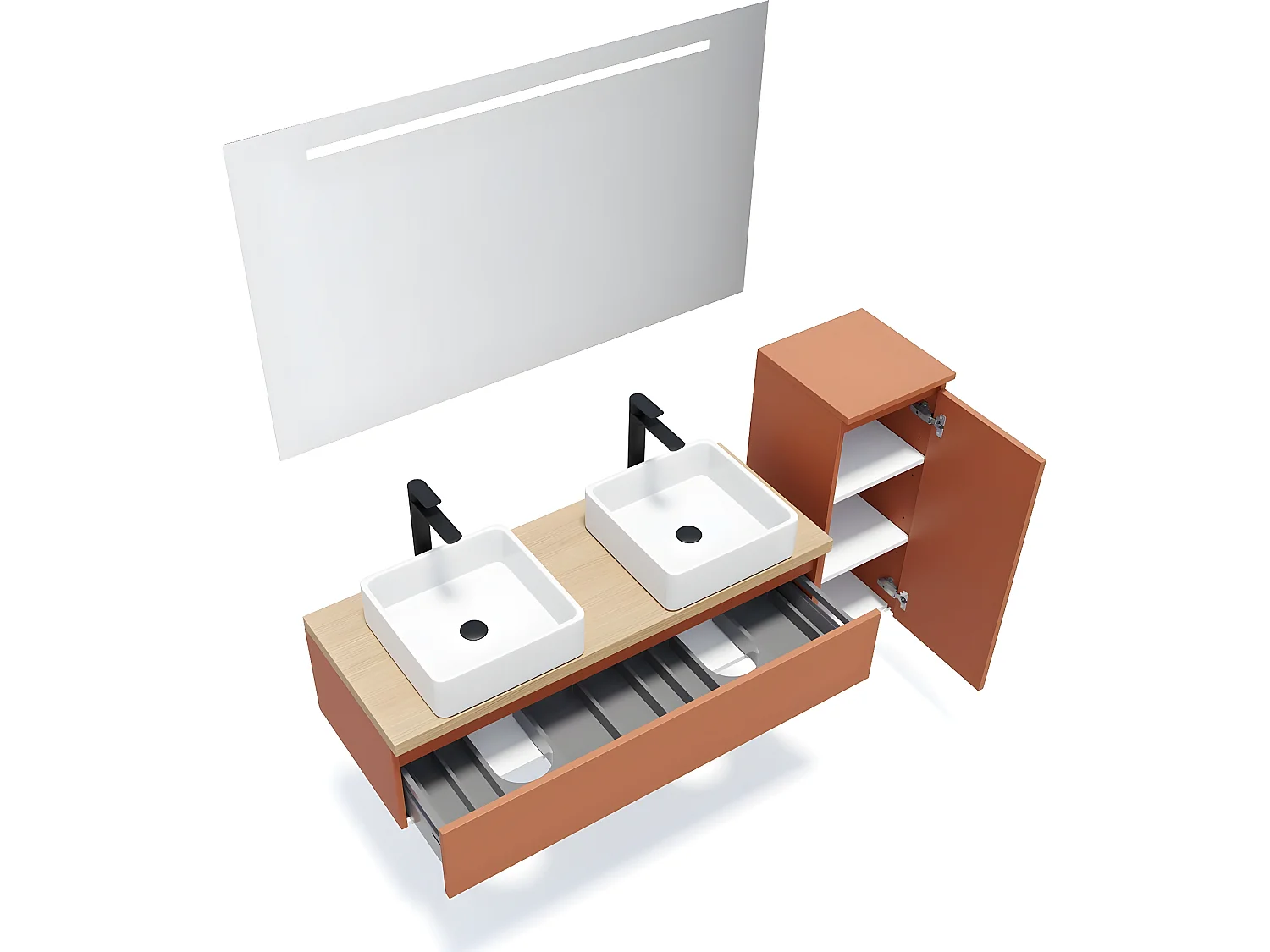 Meuble de salle de bain suspendu 2 vasques à poser 120cm 1 tiroir Terracotta + miroir + colonne ouverture droite - Hudson