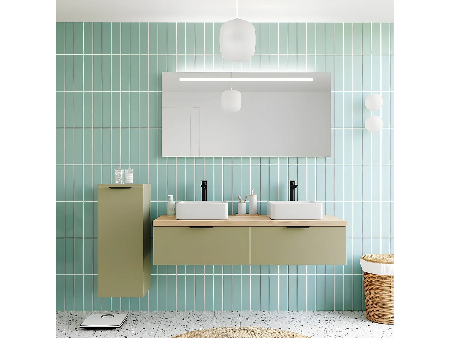 Meuble de salle de bain suspendu 2 vasques à poser 140cm 2 tiroirs Vert olive + miroir + colonne ouverture gauche - Soho