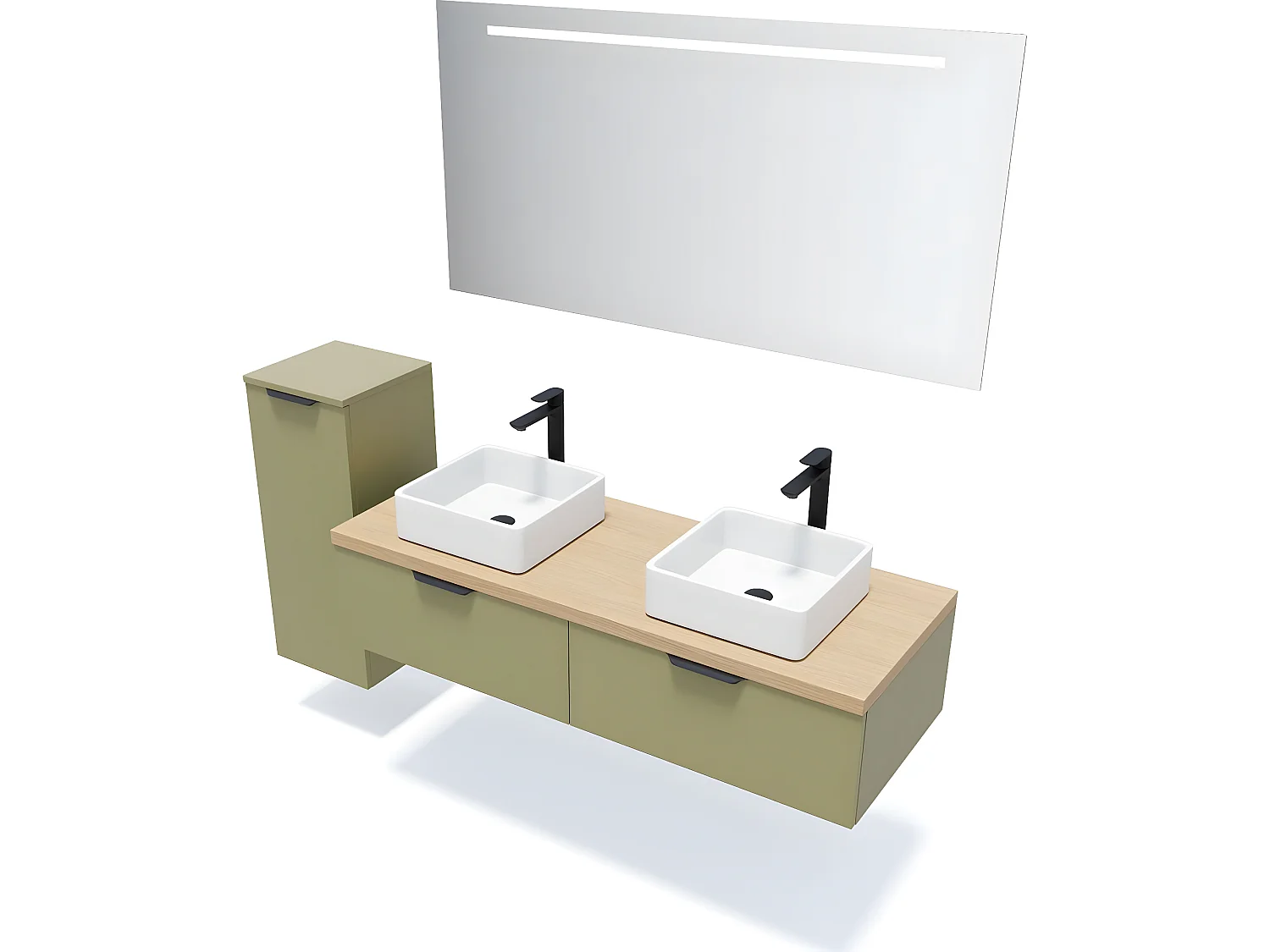 Meuble de salle de bain suspendu 2 vasques à poser 140cm 2 tiroirs Vert olive + miroir + colonne ouverture gauche - Soho