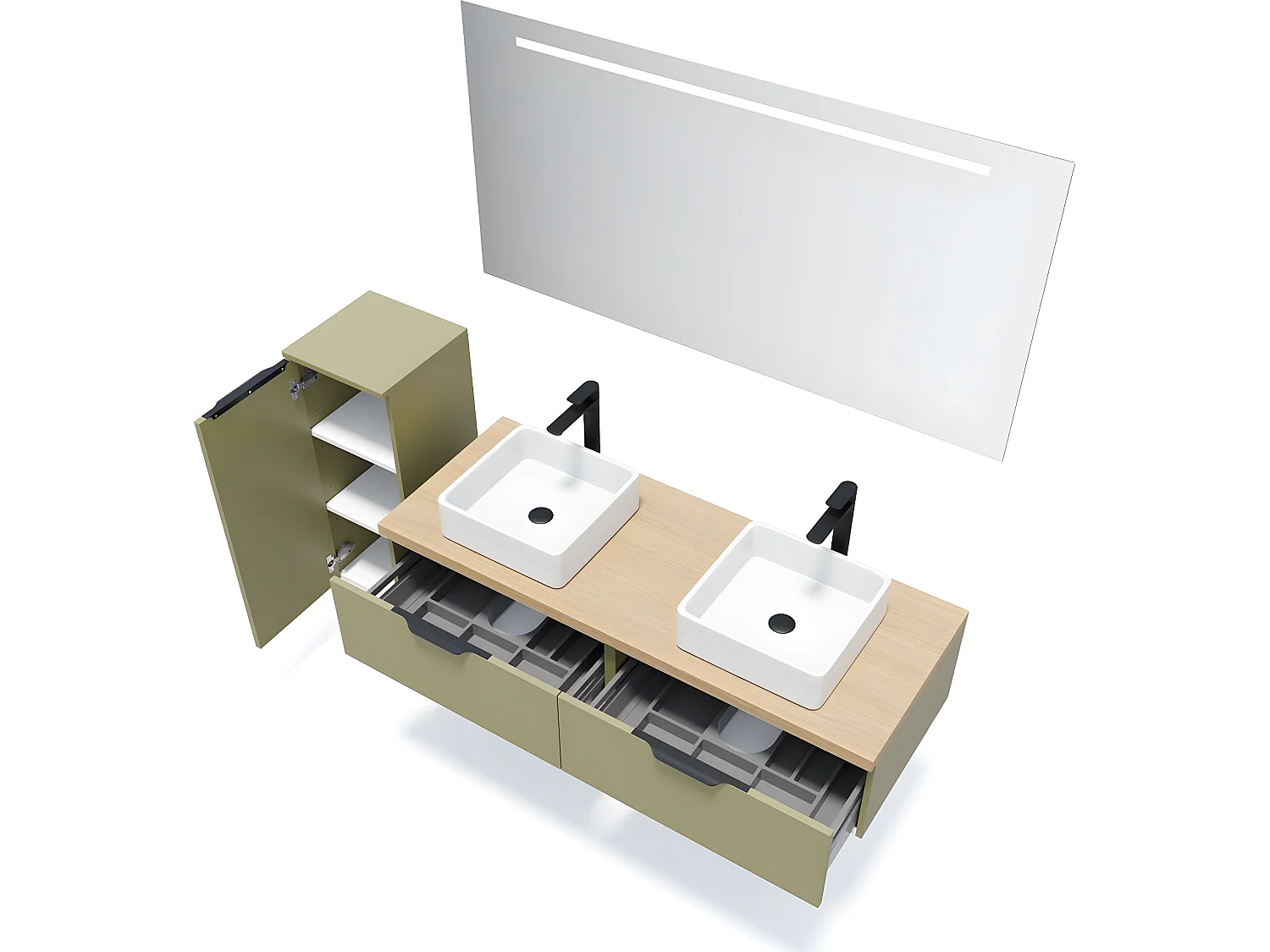 Meuble de salle de bain suspendu 2 vasques à poser 140cm 2 tiroirs Vert olive + miroir + colonne ouverture gauche - Soho