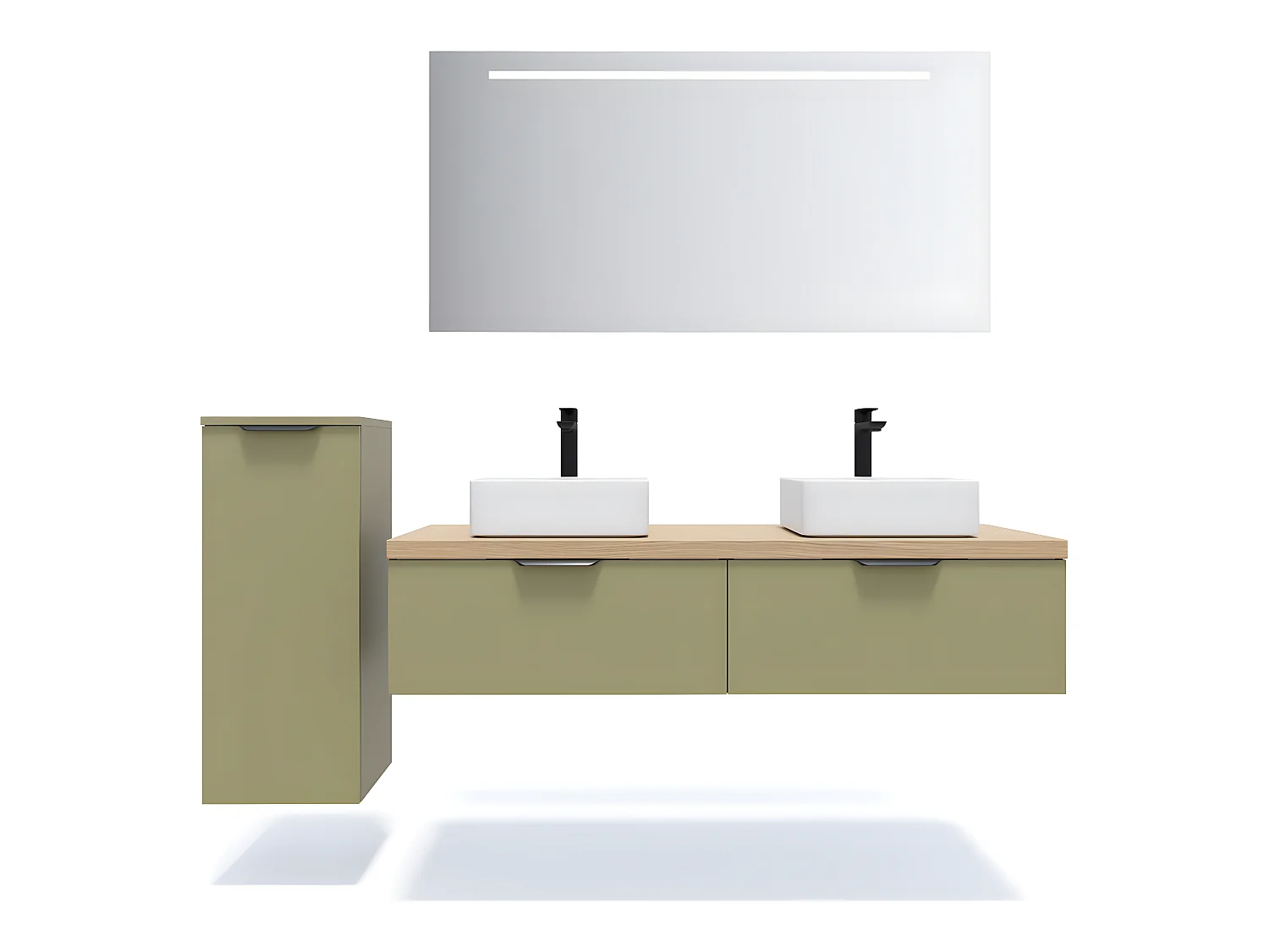 Meuble de salle de bain suspendu 2 vasques à poser 140cm 2 tiroirs Vert olive + miroir + colonne ouverture gauche - Soho