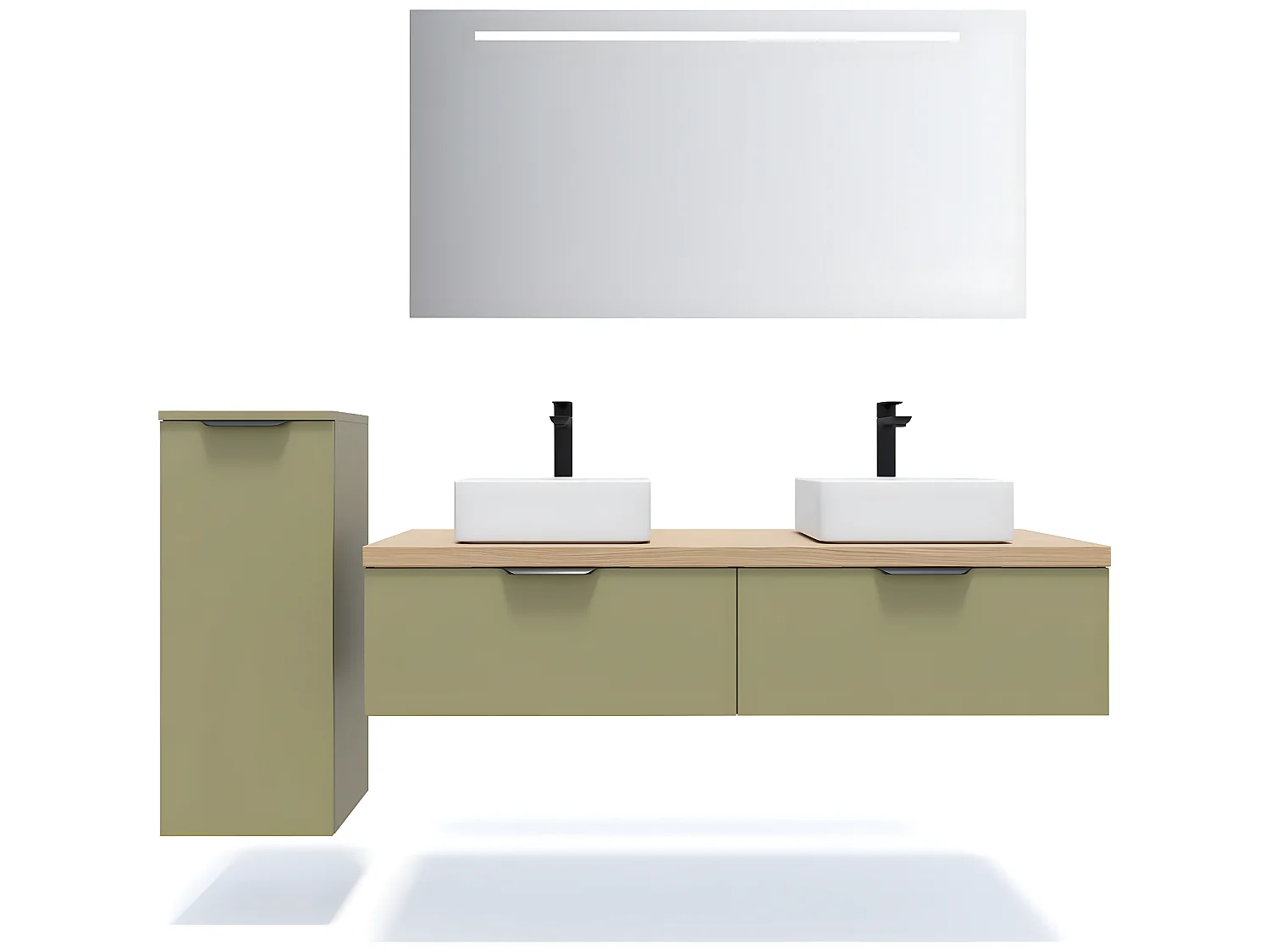 Meuble de salle de bain suspendu 2 vasques à poser 140cm 2 tiroirs Vert olive + miroir + colonne ouverture gauche - Soho