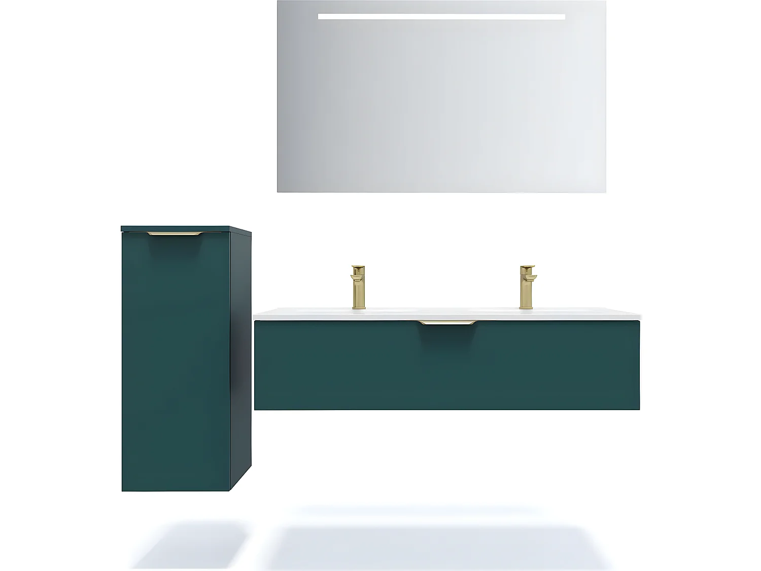 Meuble de salle de bain suspendu double vasque intégrée 120cm 1 tiroir Bleu + miroir + colonne ouverture gauche - Venice