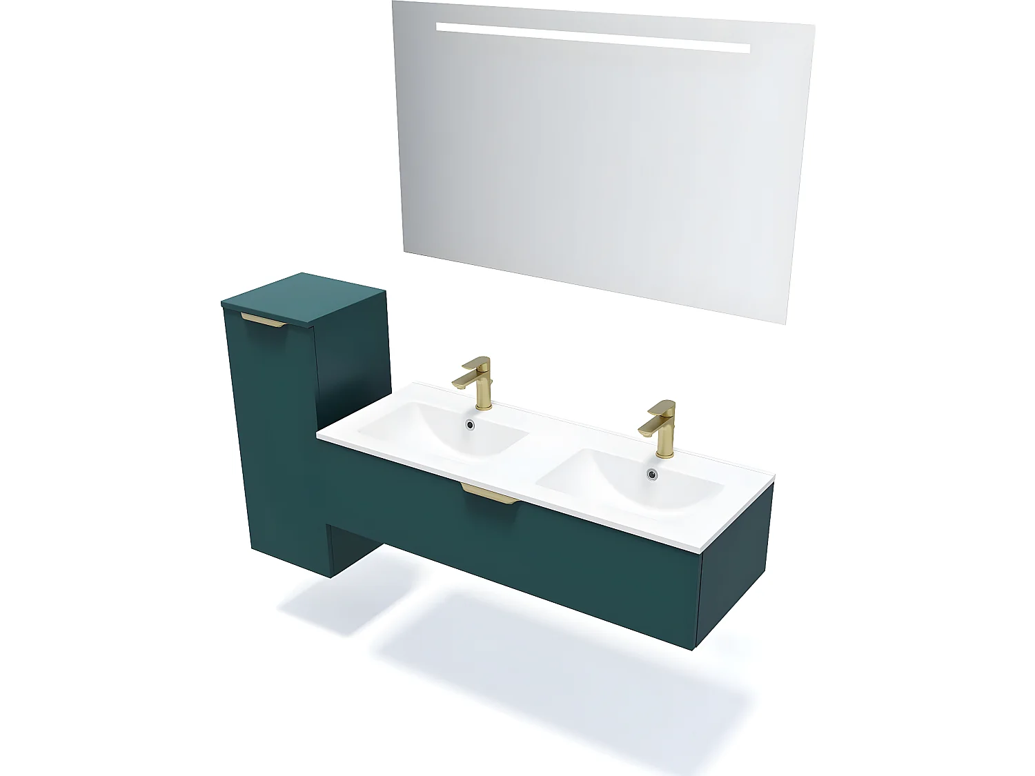 Meuble de salle de bain suspendu double vasque intégrée 120cm 1 tiroir Bleu + miroir + colonne ouverture gauche - Venice