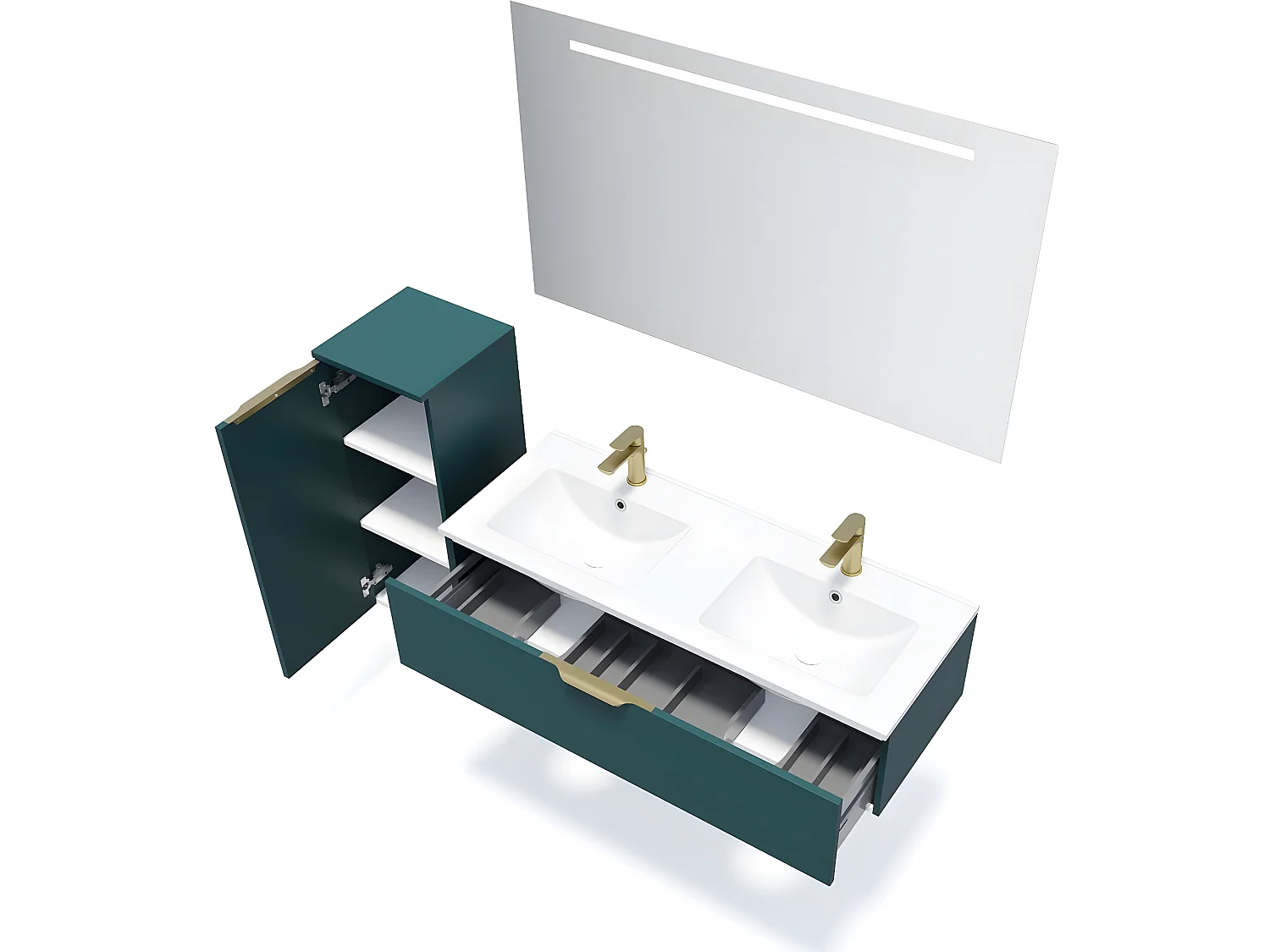 Meuble de salle de bain suspendu double vasque intégrée 120cm 1 tiroir Bleu + miroir + colonne ouverture gauche - Venice