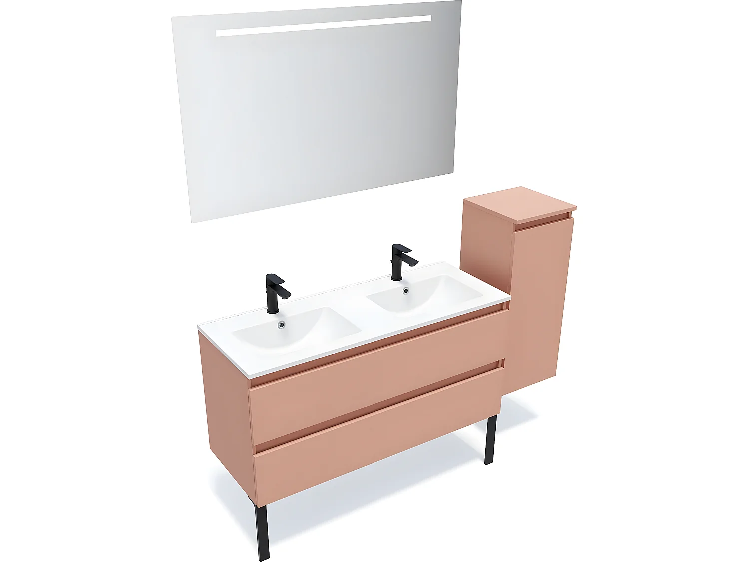 Meuble de salle de bain suspendu double vasque intégrée 120cm 2 tiroirs Abricot + miroir + colonne ouverture droite - Hudson