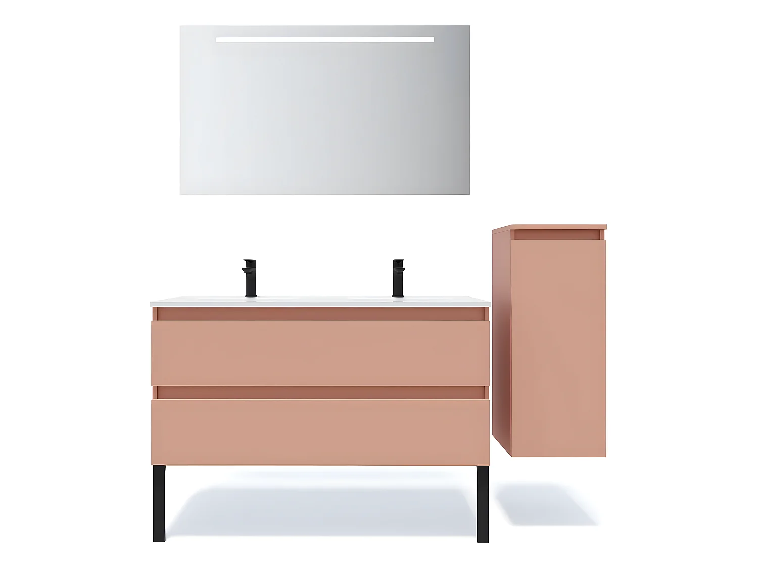 Meuble de salle de bain suspendu double vasque intégrée 120cm 2 tiroirs Abricot + miroir + colonne ouverture droite - Hudson
