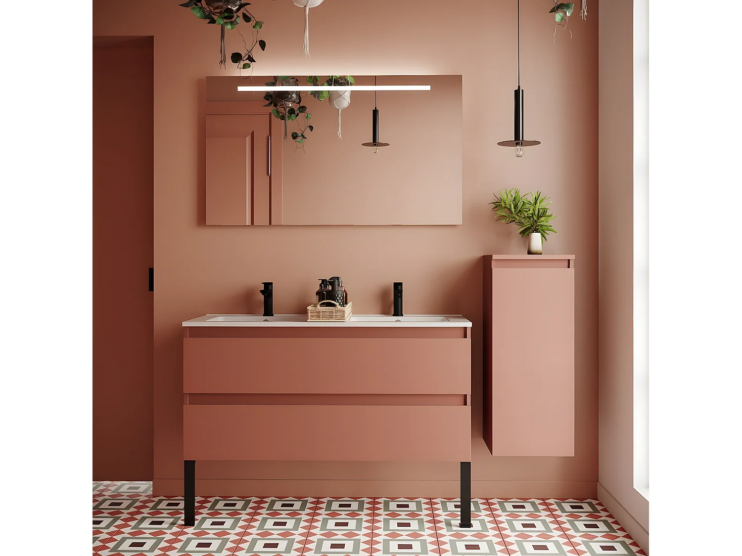 Meuble de salle de bain suspendu double vasque intégrée 120cm 2 tiroirs Abricot + miroir + colonne ouverture droite - Hudson