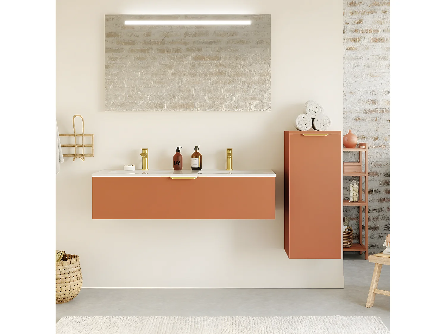 Meuble de salle de bain suspendu double vasque intégrée 120cm 1 tiroir Terracotta + miroir + colonne ouverture droite - Venice