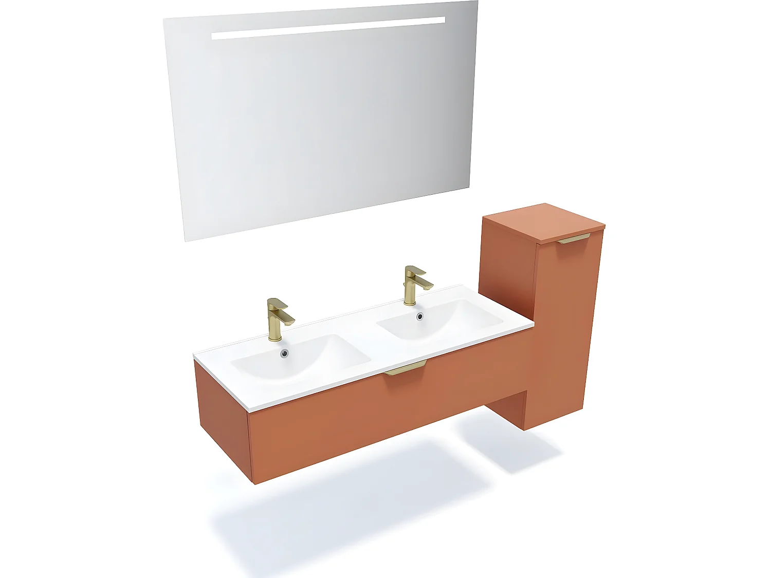 Meuble de salle de bain suspendu double vasque intégrée 120cm 1 tiroir Terracotta + miroir + colonne ouverture droite - Venice
