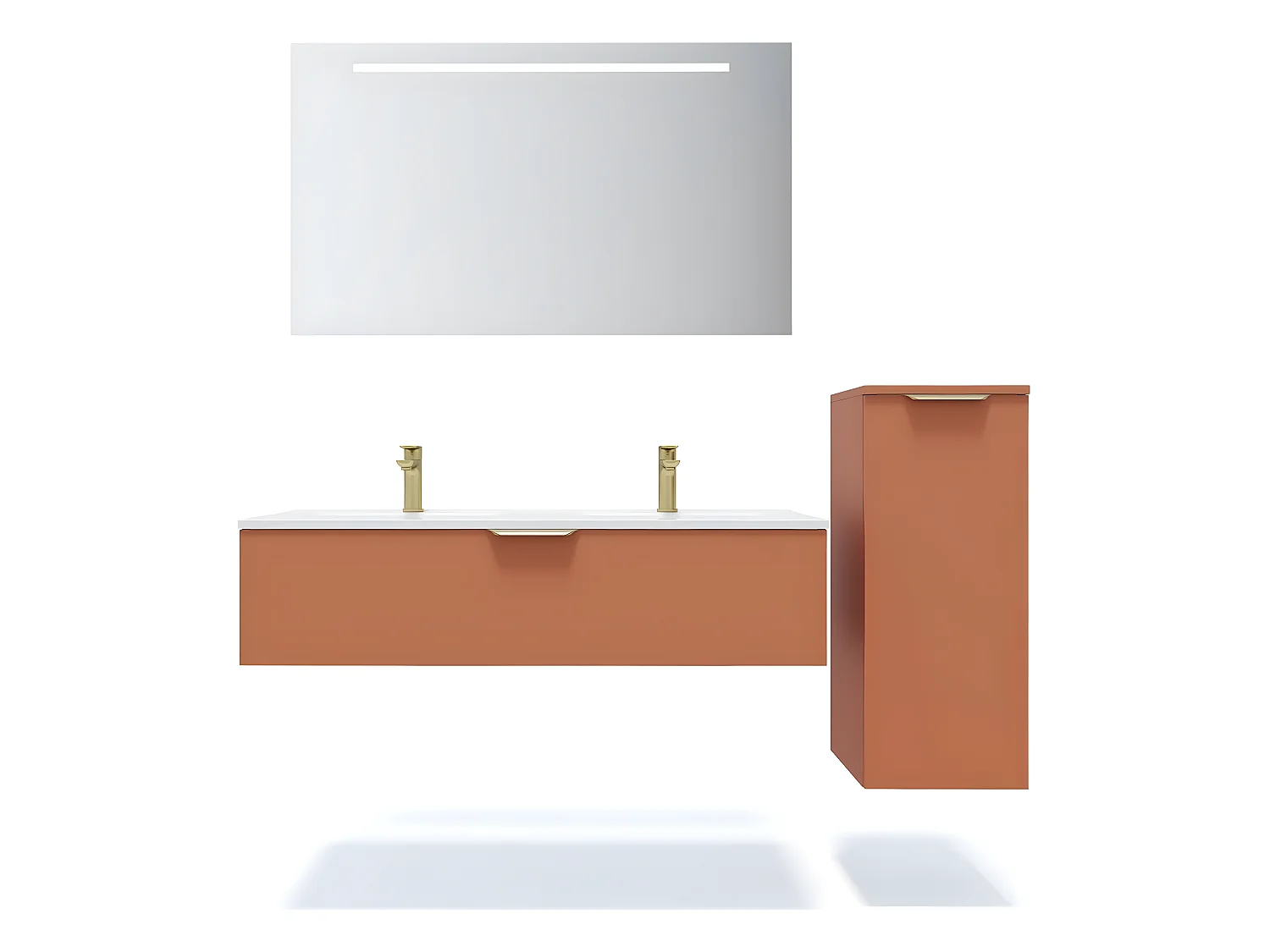 Meuble de salle de bain suspendu double vasque intégrée 120cm 1 tiroir Terracotta + miroir + colonne ouverture droite - Venice