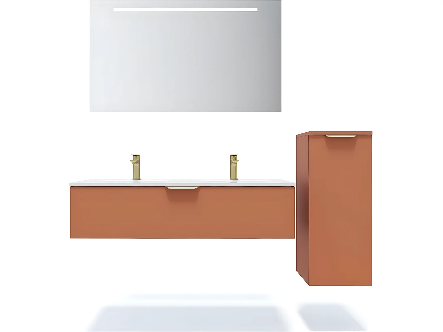 Meuble de salle de bain suspendu double vasque intégrée 120cm 1 tiroir Terracotta + miroir + colonne ouverture droite - Venice