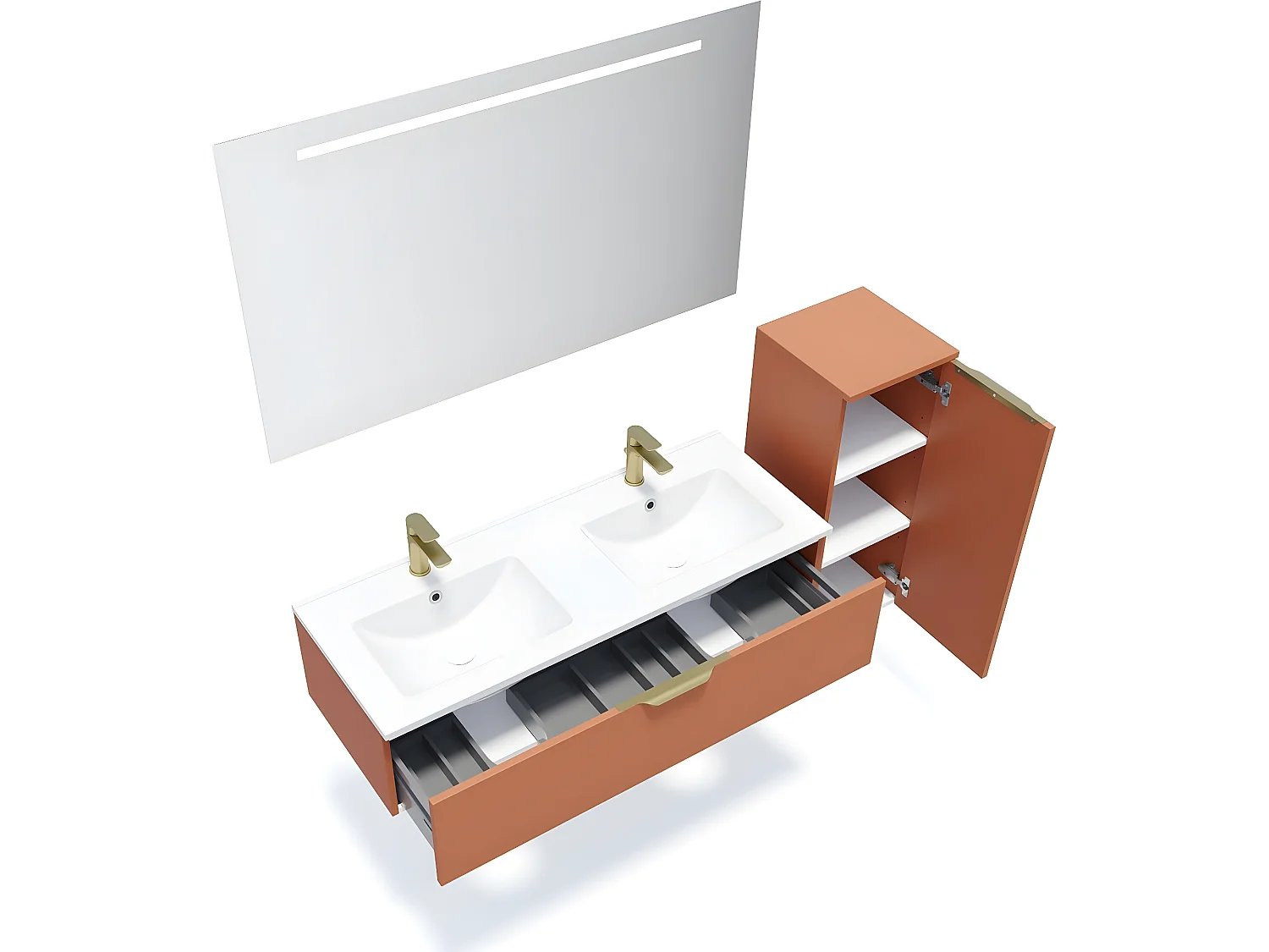 Meuble de salle de bain suspendu double vasque intégrée 120cm 1 tiroir Terracotta + miroir + colonne ouverture droite - Venice
