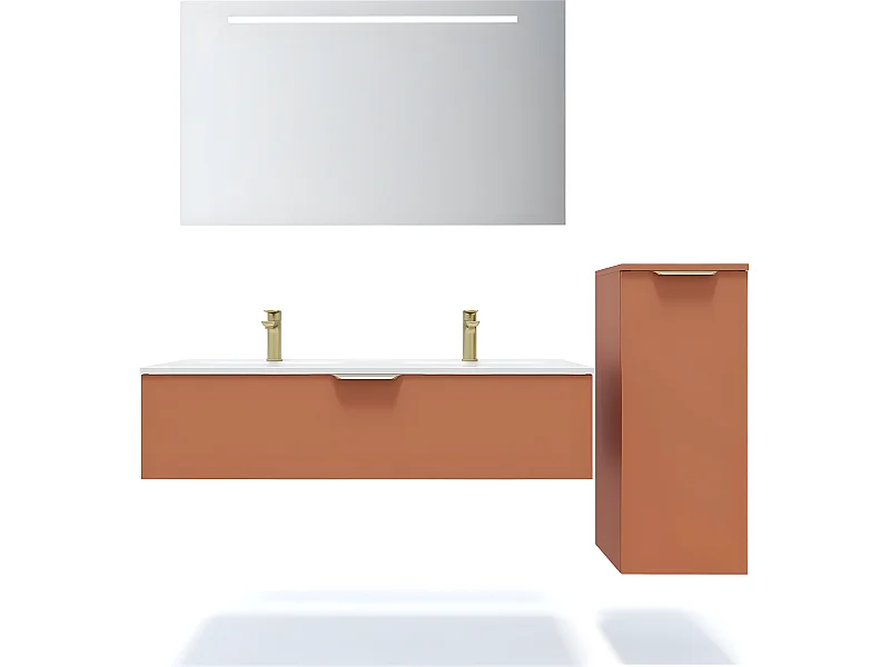 Meuble de salle de bain suspendu double vasque intégrée 120cm 1 tiroir Terracotta + miroir + colonne ouverture droite - Venice