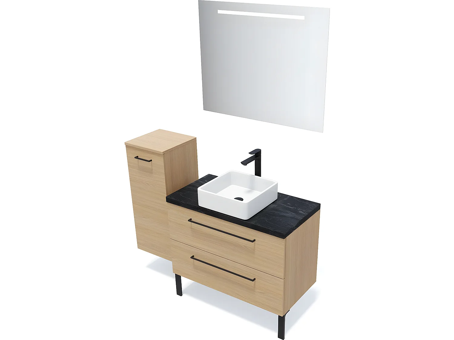 Meuble de salle de bain suspendu vasque à poser 90cm 2 tiroirs Chêne clair + miroir + colonne ouverture gauche - Glasgow