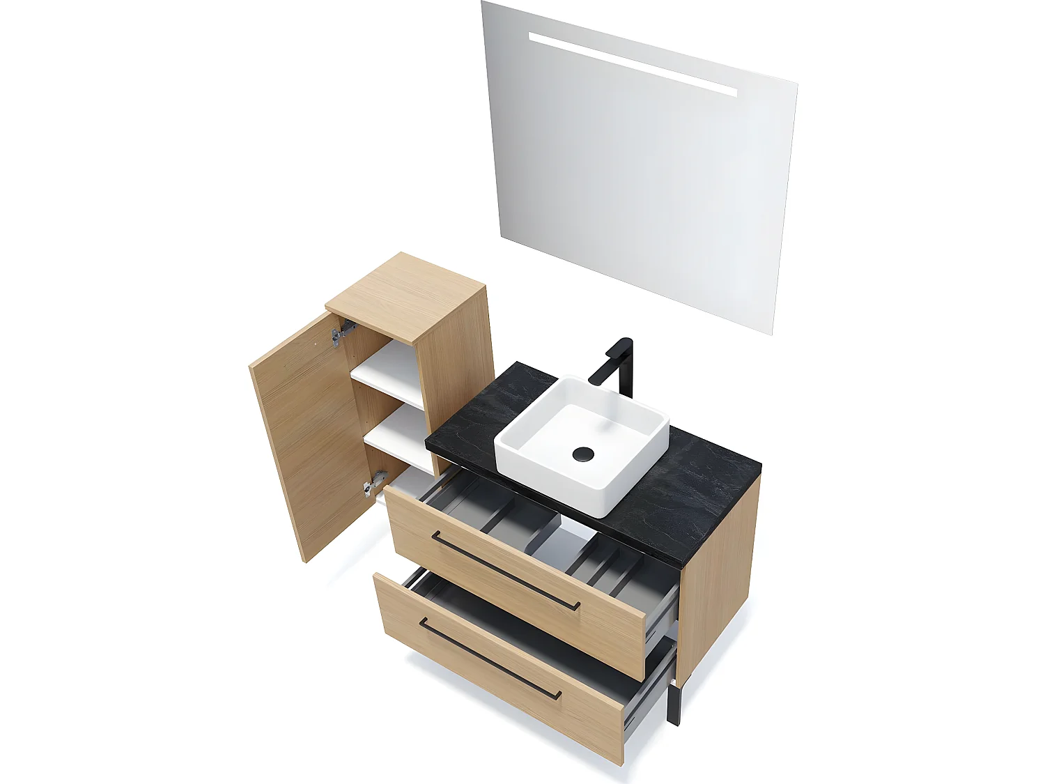 Meuble de salle de bain suspendu vasque à poser 90cm 2 tiroirs Chêne clair + miroir + colonne ouverture gauche - Glasgow