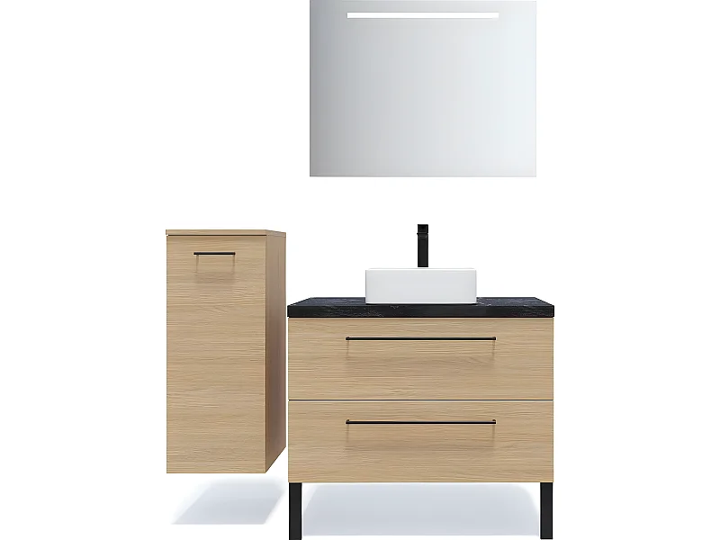 Meuble de salle de bain suspendu vasque à poser 90cm 2 tiroirs Chêne clair + miroir + colonne ouverture gauche - Glasgow