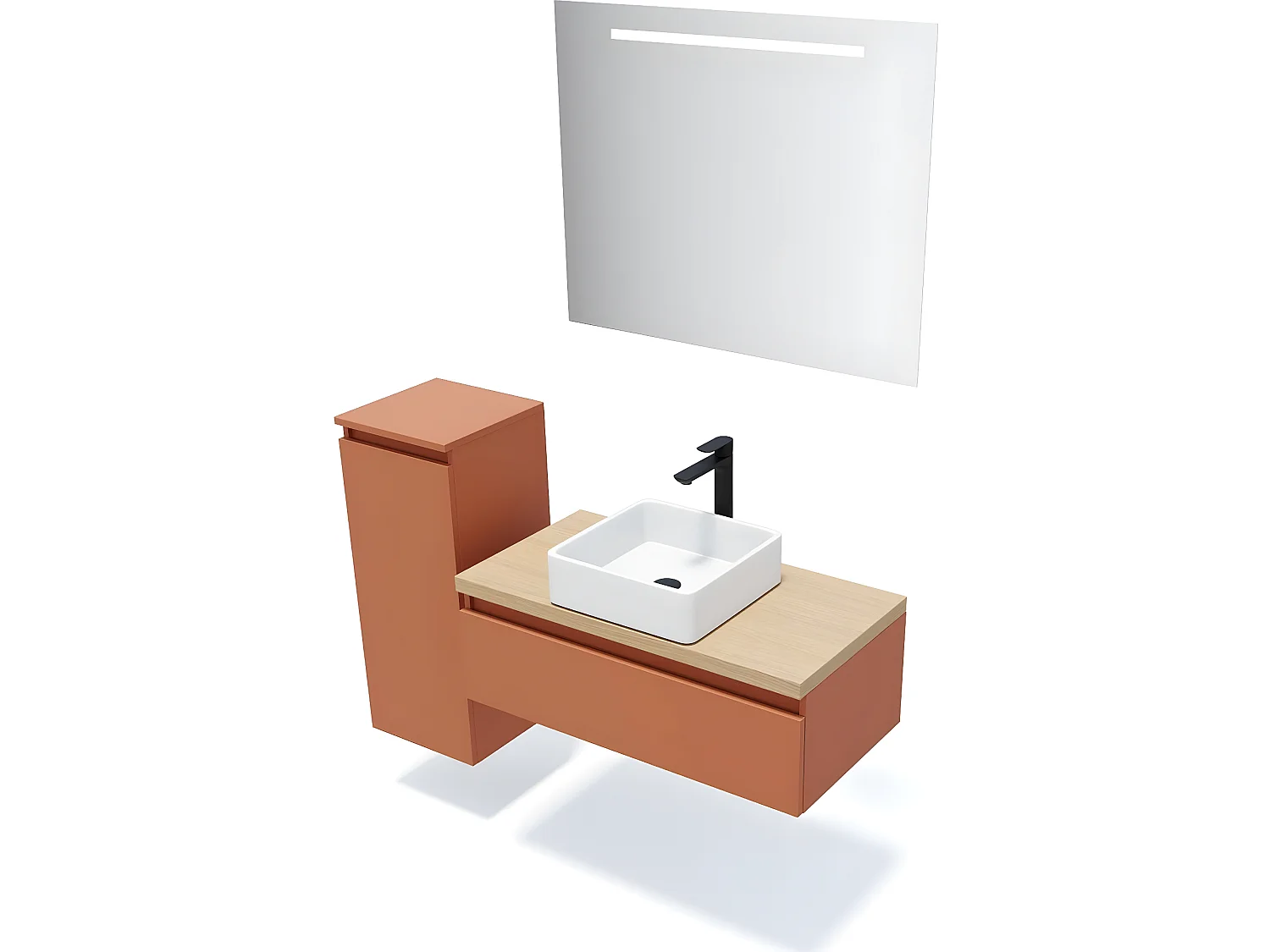Meuble de salle de bain suspendu vasque à poser 90cm 1 tiroir Terracotta + miroir + colonne ouverture gauche - Hudson