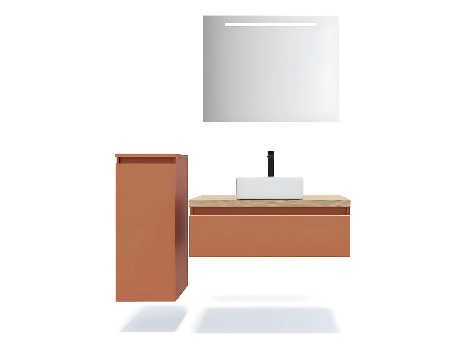 Meuble de salle de bain suspendu vasque à poser 90cm 1 tiroir Terracotta + miroir + colonne ouverture gauche - Hudson