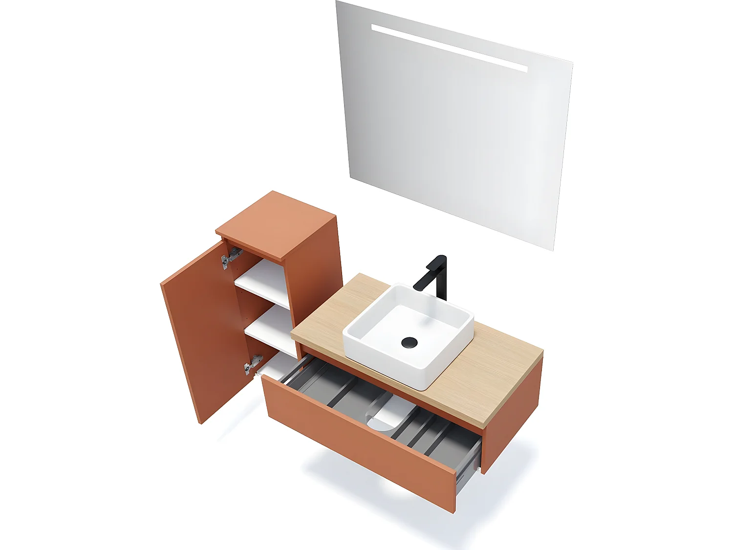 Meuble de salle de bain suspendu vasque à poser 90cm 1 tiroir Terracotta + miroir + colonne ouverture gauche - Hudson