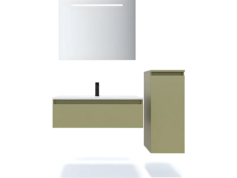 Meuble de salle de bain suspendu vasque intégrée 90cm 1 tiroir Vert olive + miroir + colonne ouverture droite - Hudson