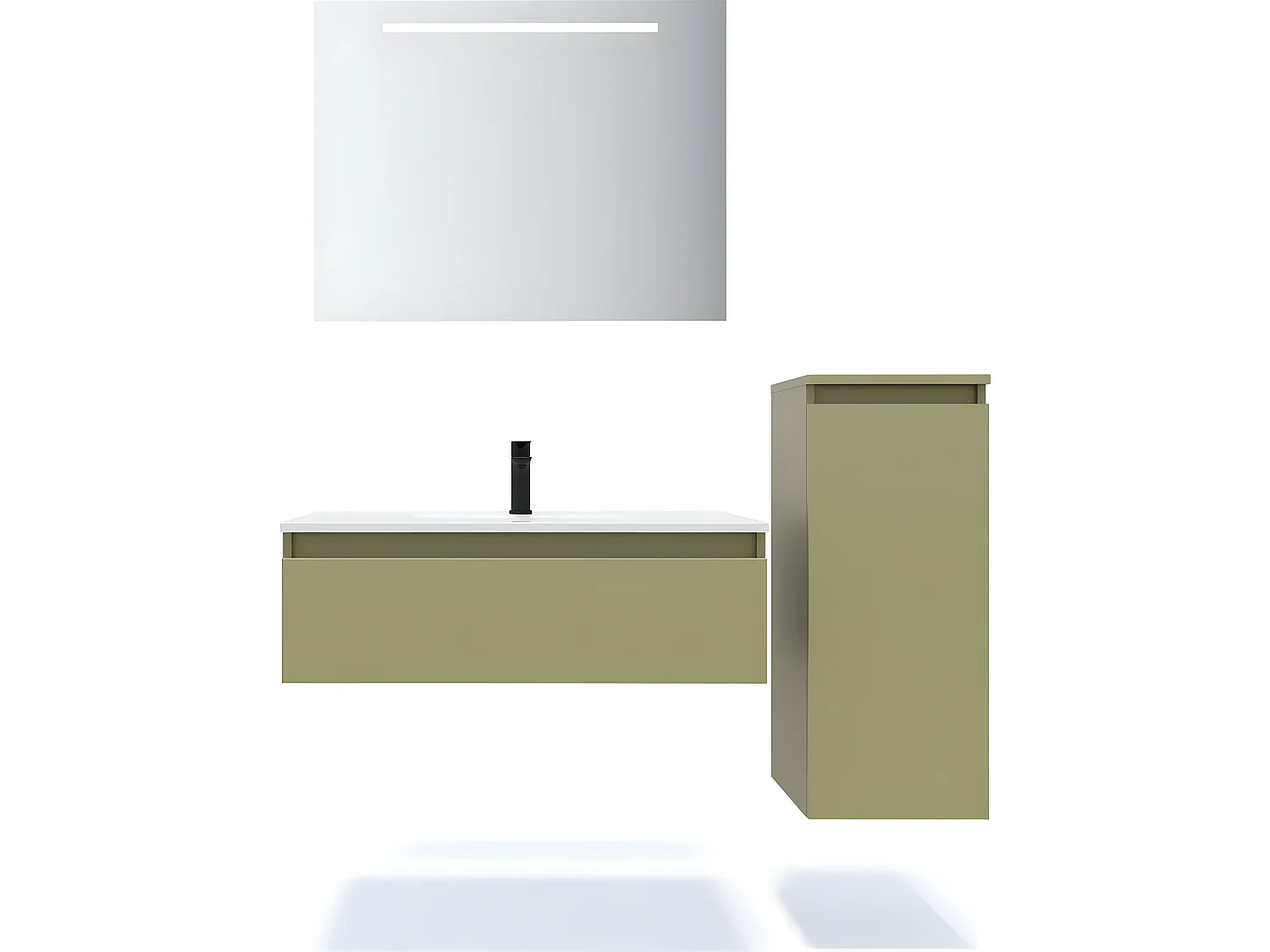 Meuble de salle de bain suspendu vasque intégrée 90cm 1 tiroir Vert olive + miroir + colonne ouverture droite - Hudson