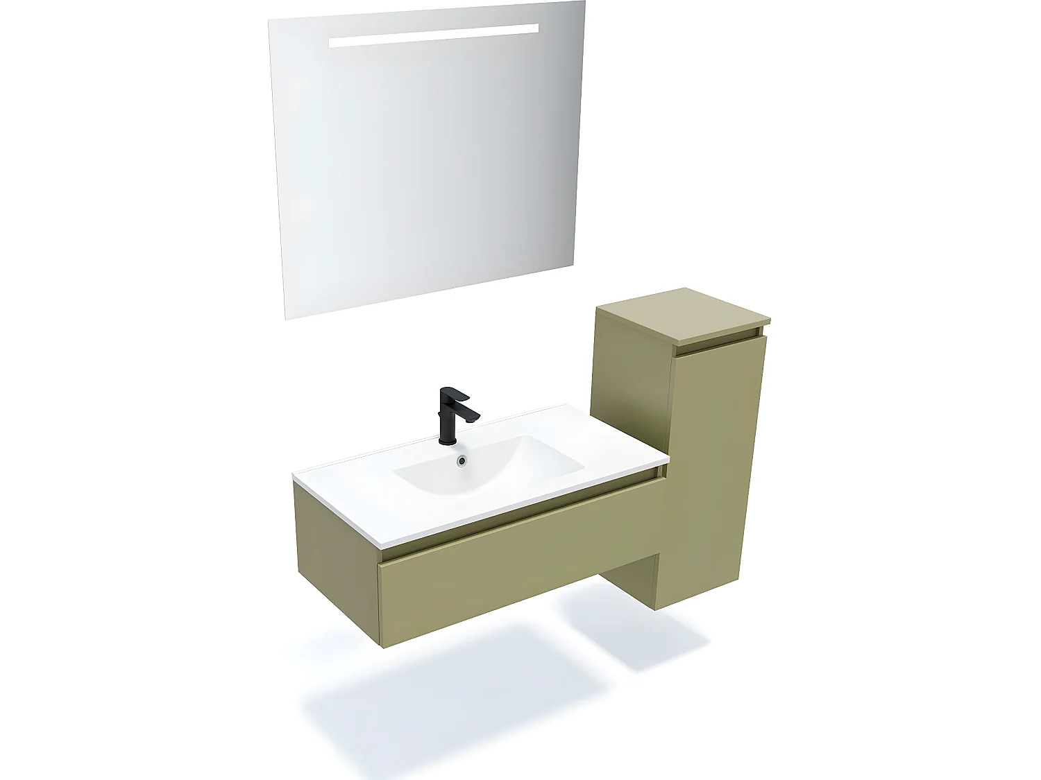 Meuble de salle de bain suspendu vasque intégrée 90cm 1 tiroir Vert olive + miroir + colonne ouverture droite - Hudson