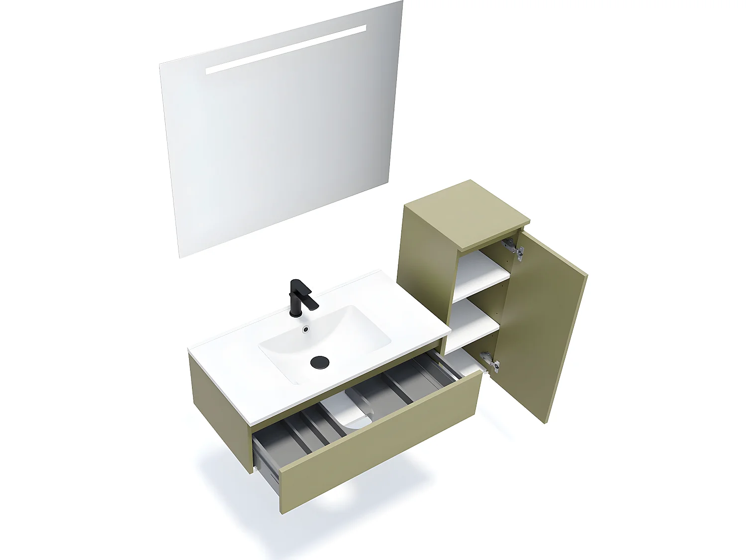 Meuble de salle de bain suspendu vasque intégrée 90cm 1 tiroir Vert olive + miroir + colonne ouverture droite - Hudson