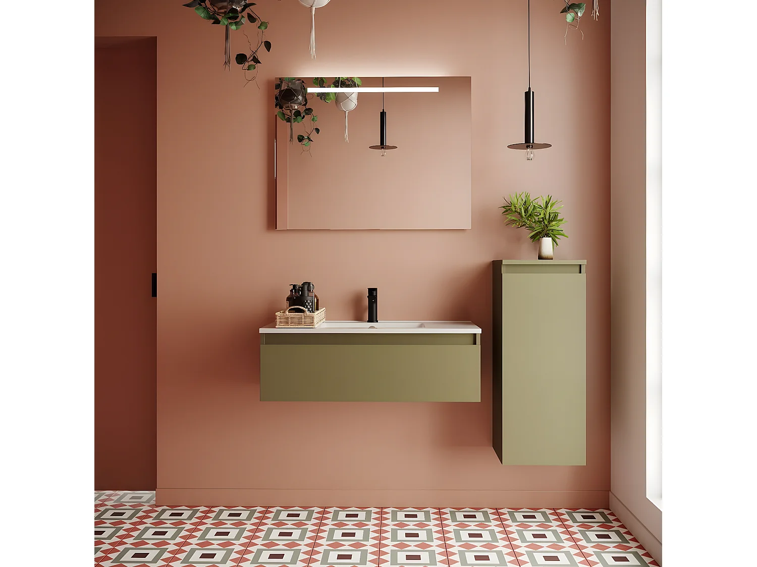 Meuble de salle de bain suspendu vasque intégrée 90cm 1 tiroir Vert olive + miroir + colonne ouverture droite - Hudson