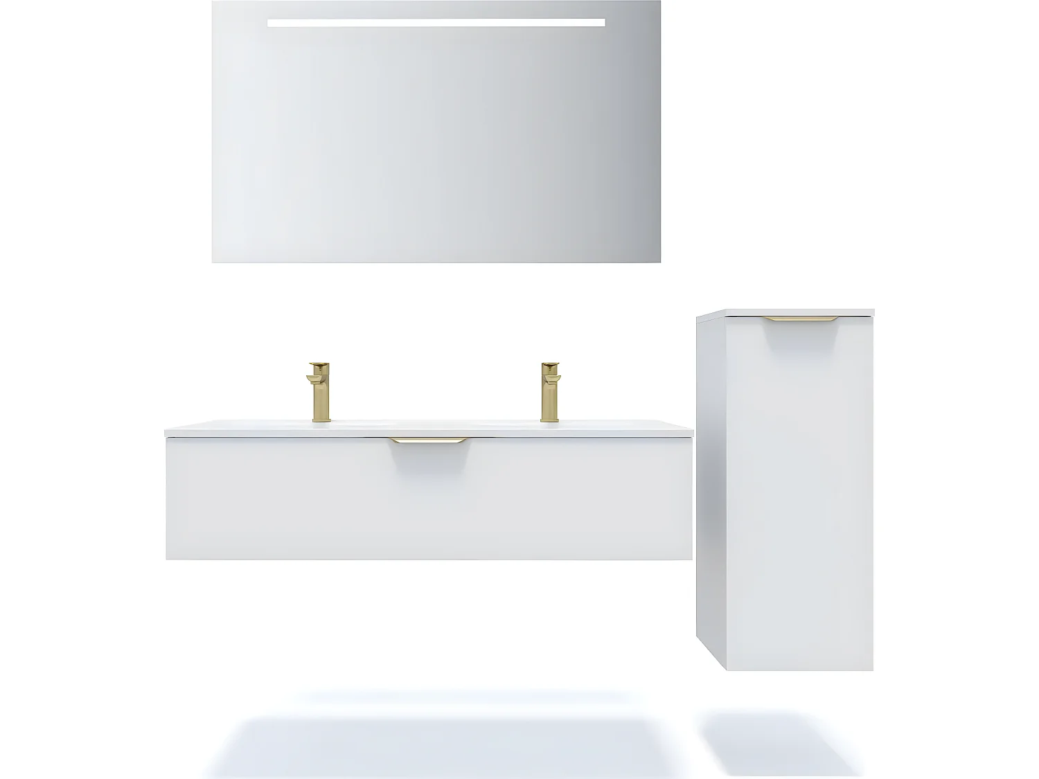 Meuble de salle de bain suspendu double vasque intégrée 120cm 1 tiroir Blanc + miroir + colonne ouverture droite - Venice