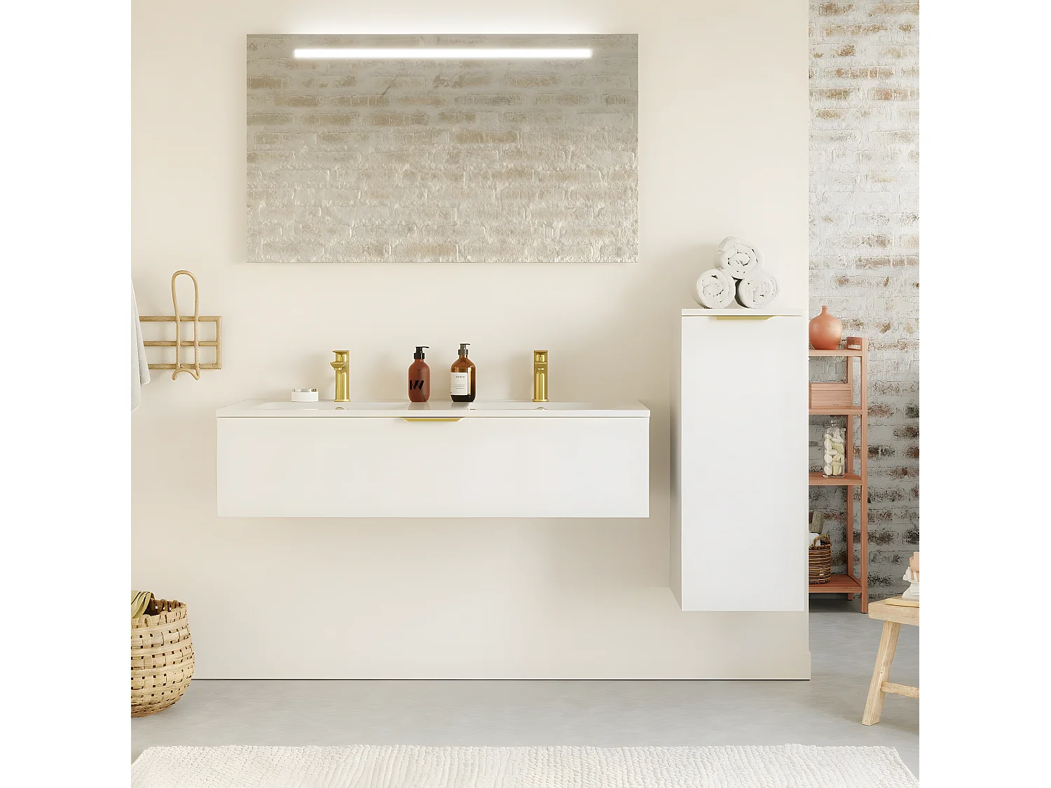 Meuble de salle de bain suspendu double vasque intégrée 120cm 1 tiroir Blanc + miroir + colonne ouverture droite - Venice