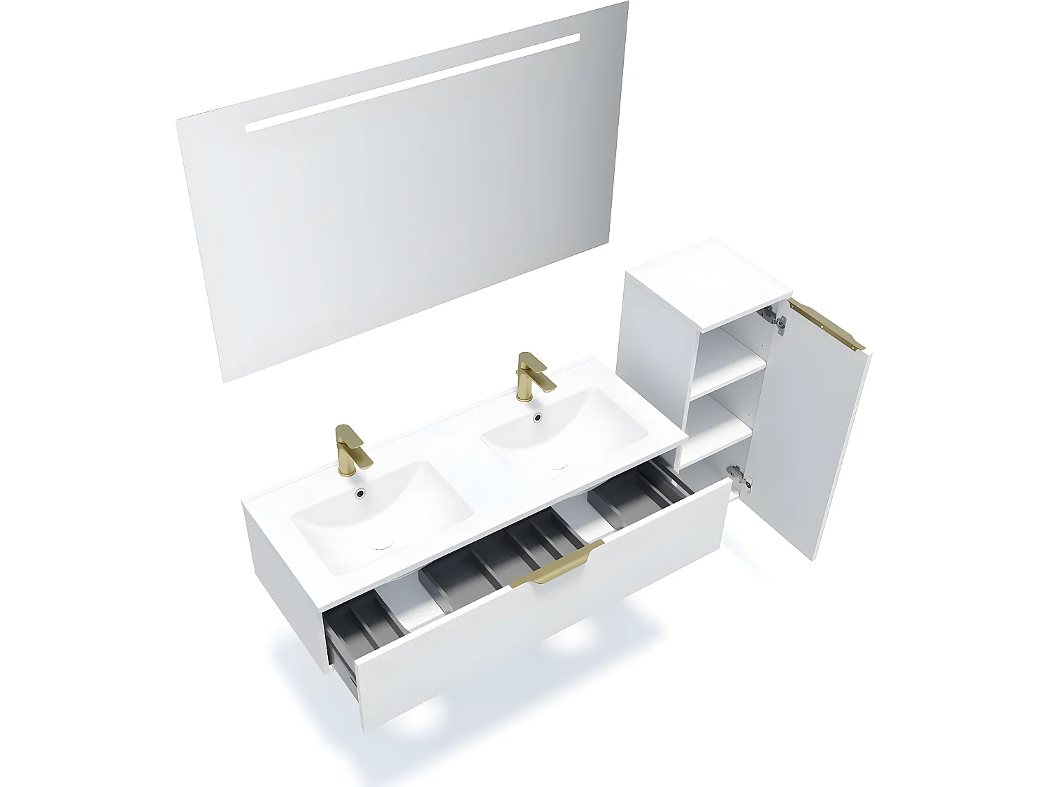 Meuble de salle de bain suspendu double vasque intégrée 120cm 1 tiroir Blanc + miroir + colonne ouverture droite - Venice