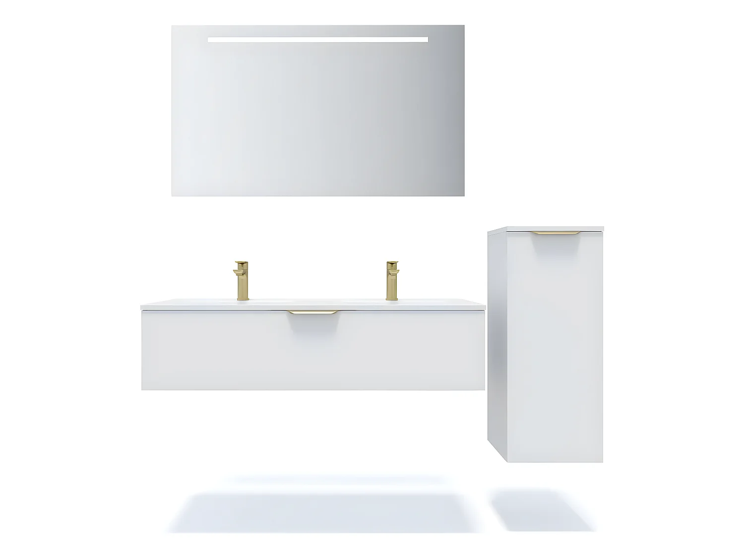 Meuble de salle de bain suspendu double vasque intégrée 120cm 1 tiroir Blanc + miroir + colonne ouverture droite - Venice