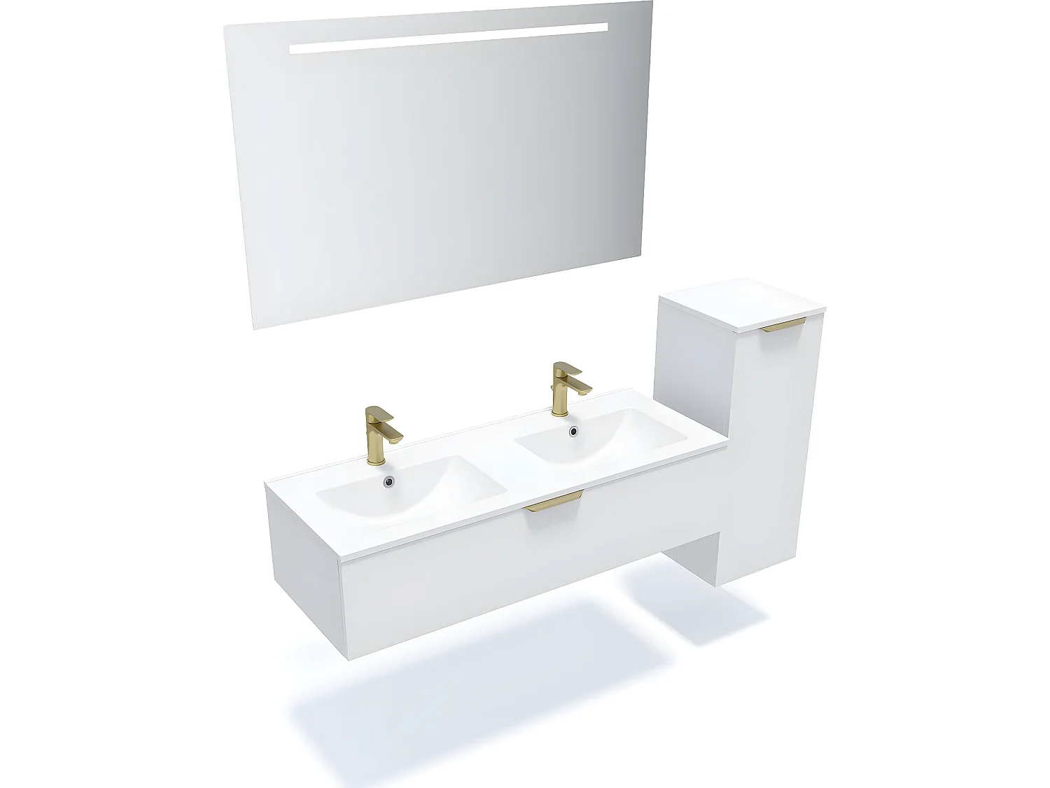 Meuble de salle de bain suspendu double vasque intégrée 120cm 1 tiroir Blanc + miroir + colonne ouverture droite - Venice