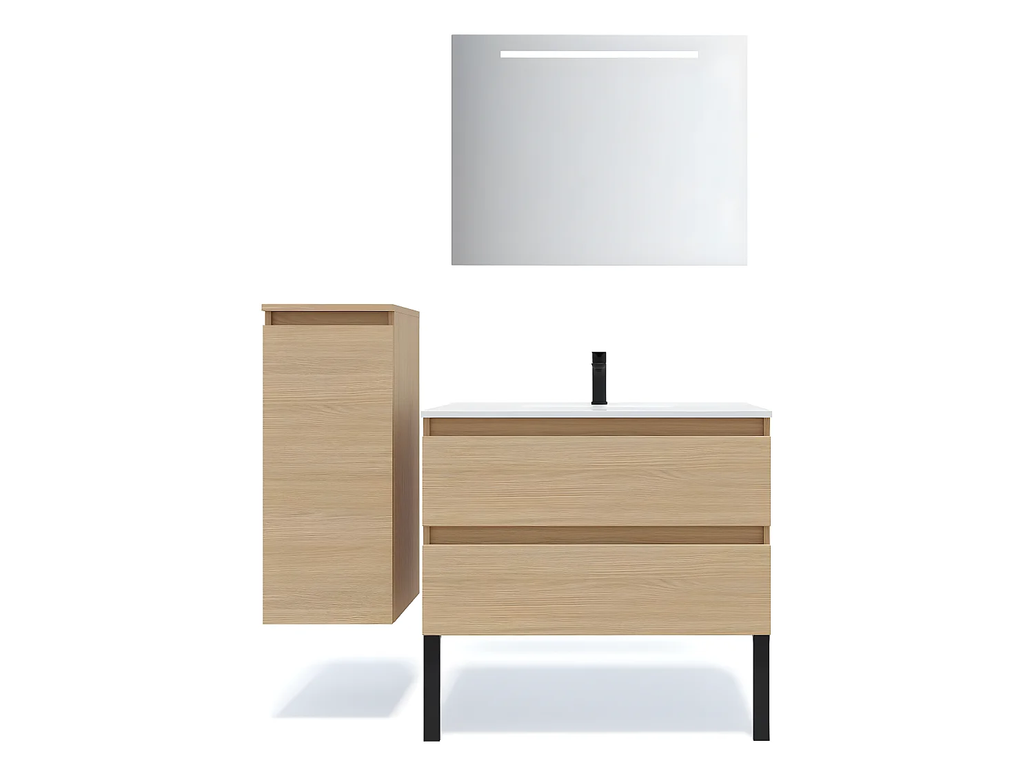Meuble de salle de bain suspendu vasque intégrée 90cm 2 tiroirs Chêne clair + miroir + colonne ouverture gauche - Hudson