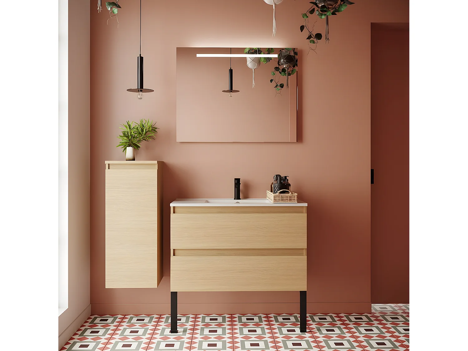 Meuble de salle de bain suspendu vasque intégrée 90cm 2 tiroirs Chêne clair + miroir + colonne ouverture gauche - Hudson