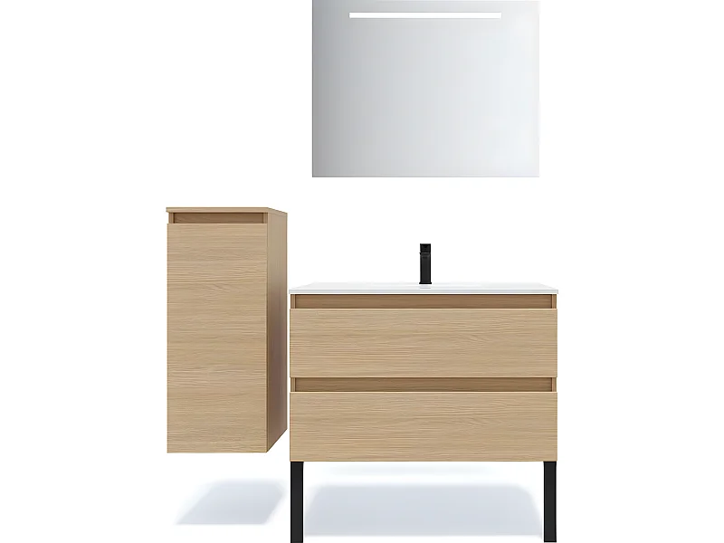 Meuble de salle de bain suspendu vasque intégrée 90cm 2 tiroirs Chêne clair + miroir + colonne ouverture gauche - Hudson