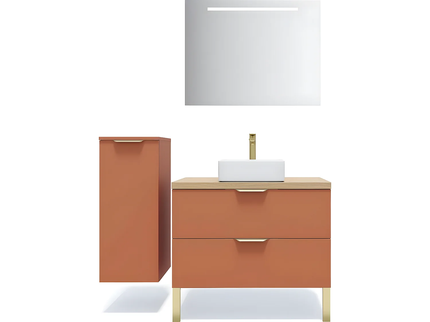 Meuble de salle de bain suspendu vasque à poser 90cm 2 tiroirs Terracotta + miroir + colonne ouverture gauche - Venice